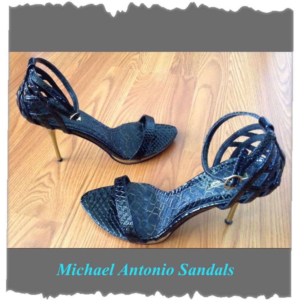 Michael Antonio Black Strappy High-Heel Sandals with Gold Stiletto Heel